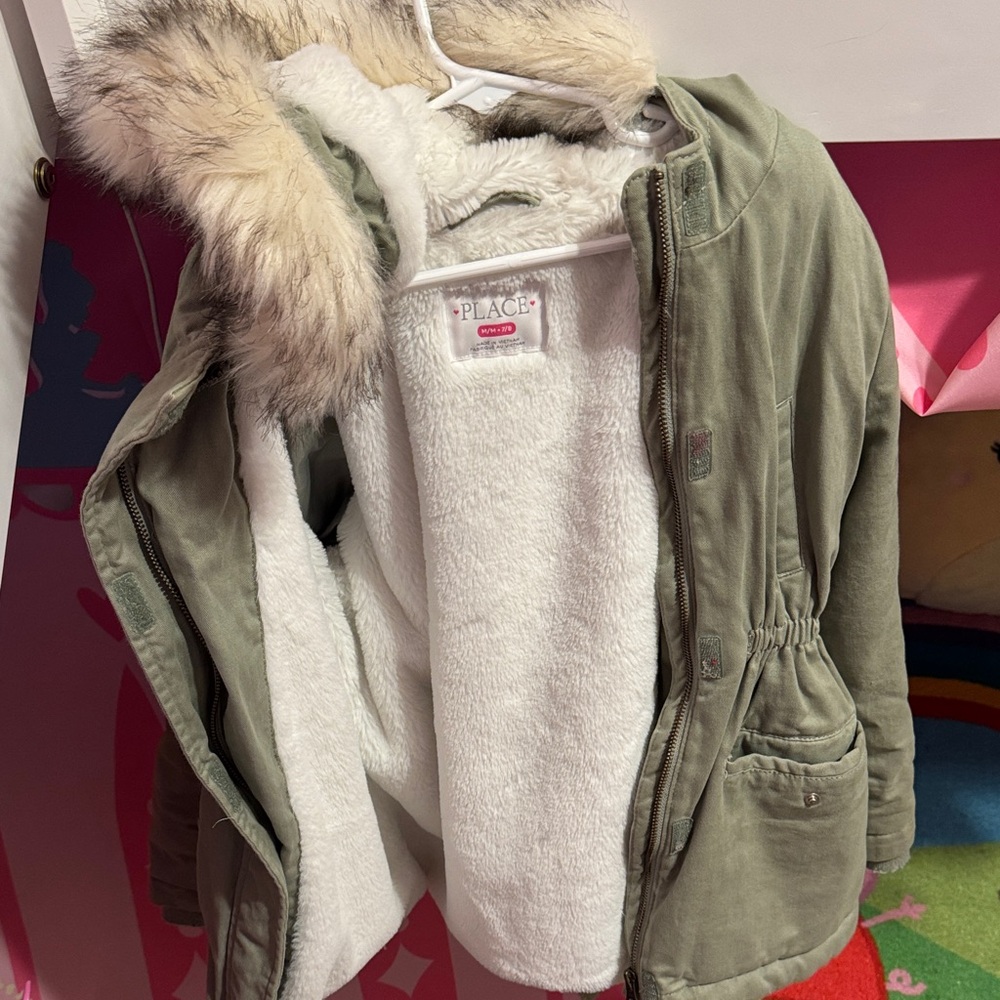 The Children's Place Olive Green Puffer Jacket with Faux Fur Hood